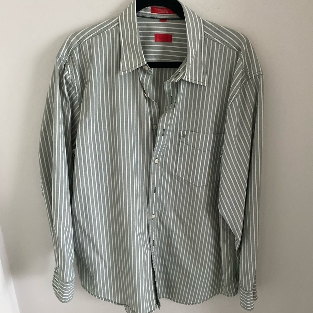 Izod Men’s 100% Cotton Long Sleeves Olive/White Striped Dress Shirt Size L
